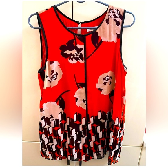 Calvin Klein Red Floral Sleeveless Top Blouse Womens Medium red Polyester Top - Picture 1 of 6